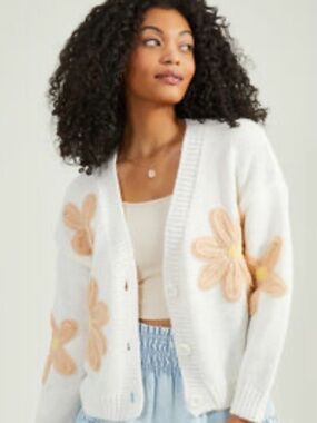 Altar'd State Ivory Cardigan with Peach Floral Appliqués